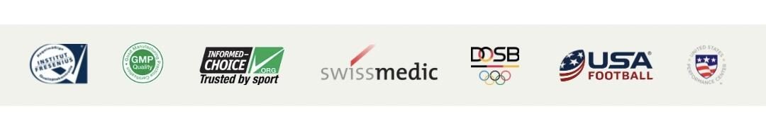 Qualitätssiegel: Institut Fresenius, GMP, Informed Choice, Swissmedic, DOSB